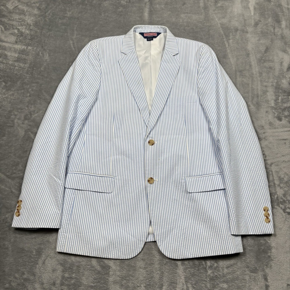 Vineyard Vines Womens Seersucker Blazer Size 18 Blue White Striped 100% Cotton
